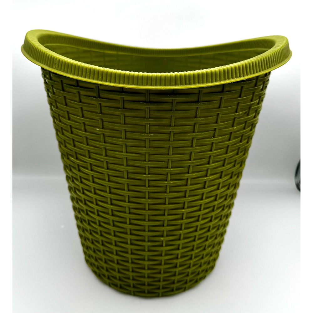 Vtg 70s Fesco 7740 Avocado Green Faux Wicker Trash Can MCM